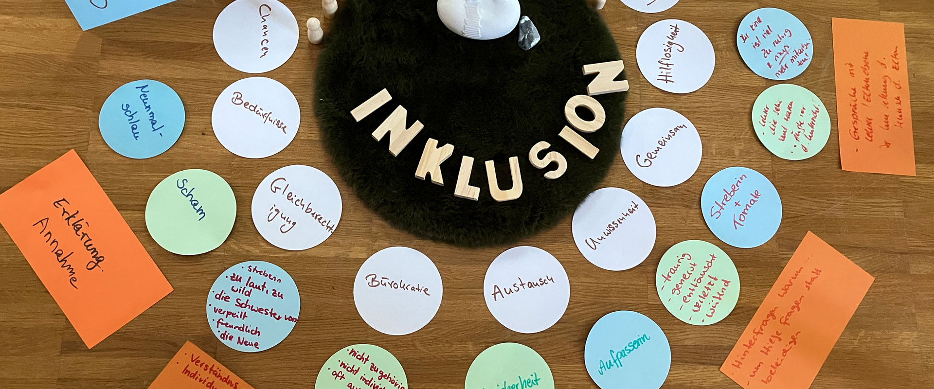 Mindmap mit Papierkreisen, Begriffen wie Inklusion, Gleichberechtigung und Austausch auf einem Holztisch.