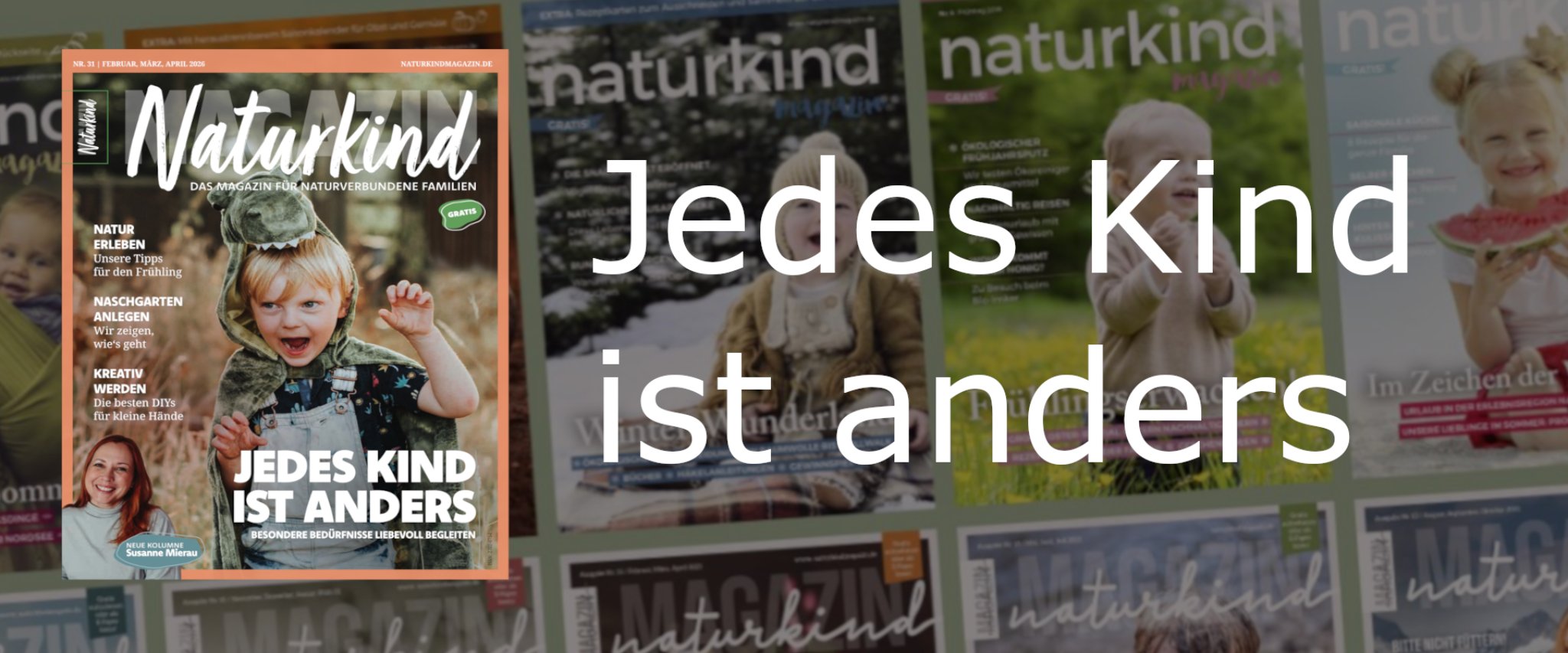 Cover des Naturkind Magazins mit lachendem Kind im Dinosaurierkostüm und dem Titel „Jedes Kind ist anders“